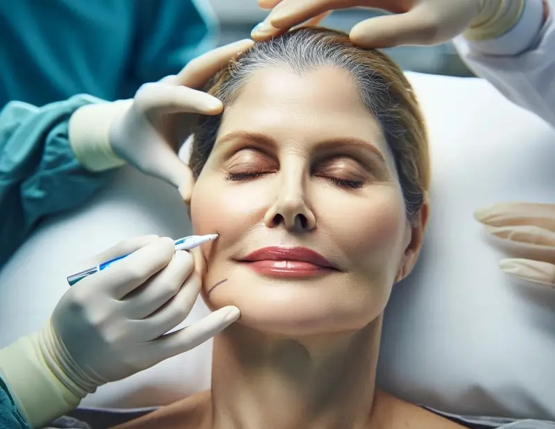 Medico estetico segna linee guida su viso di donna prima dell'intervento di inserimento dei fili di sospensione | LaserMilano