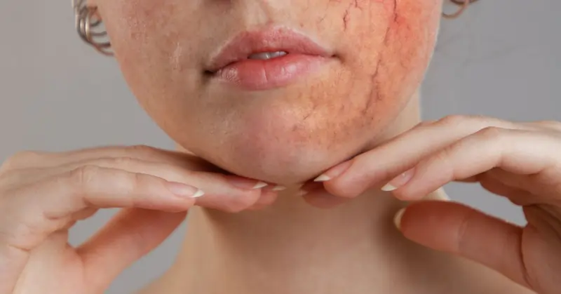 Primo piano del particolare mento, guance, bocca di una viso femminile con capillari in evidenza | Laser Milano