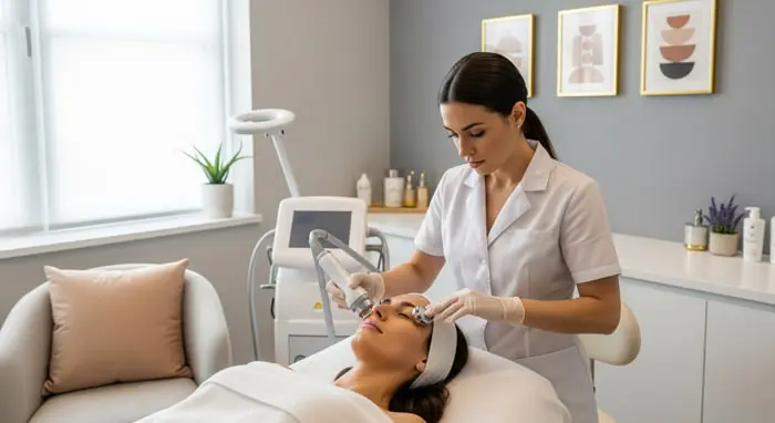 Una donna durante una seduta di laser per il ringiovanimento viso | LaserMilano