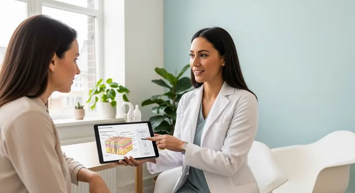 Medico estetico espone il trattamento consigliato per una paziente che osserva | LaserMilano