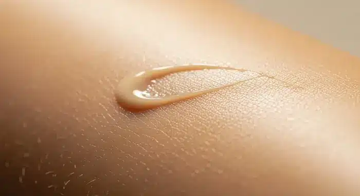 Foto ravvicinata della pelle del braccio con sopra una piccola quantità di crema con collagene | LaserMilano