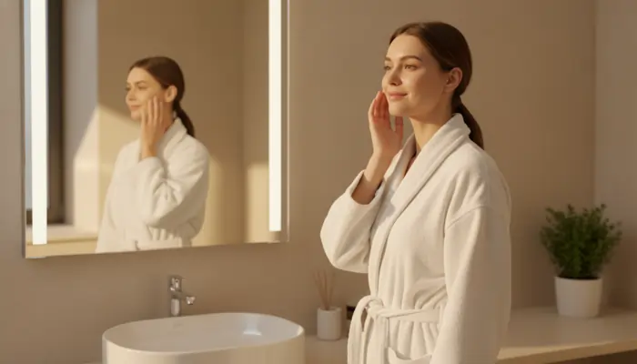 Donna in accapatoio da bagno mentre si tocca il viso sorridente | LaserMilano