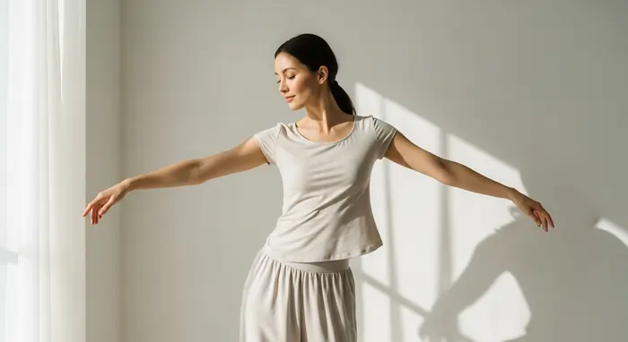 Donna in tenuta domestica che allarga le braccia lievemente, a evocare un'idea di leggerezza | LaserMilano