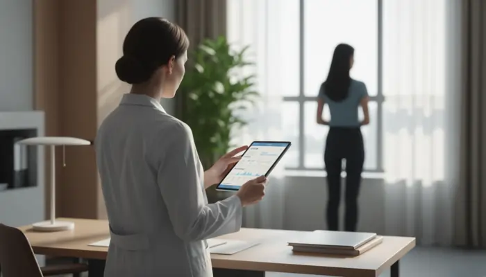 Dottoressa analizza su un tablet i progressi del trattamento di una paziente | LaserMilano