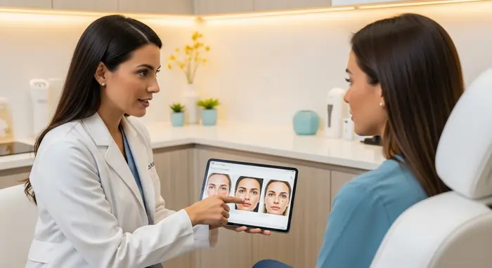 Dottoressa che mostra a una paziente alcune immagini evocative del trattamento su di un tablet | LaserMilano