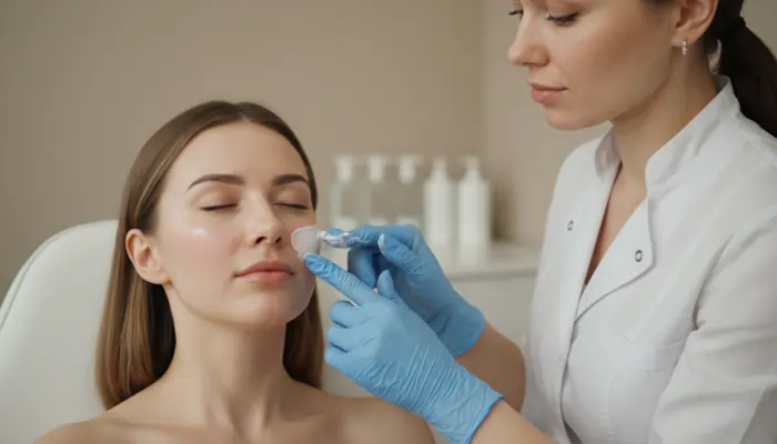 Applicazione di crema lenitiva dopo peeling chimico per l’acne, fase di cura post-trattamento. | LaserMilano