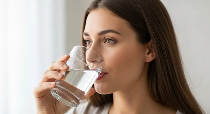 Donna adulta che beve acqua in luce naturale, gesto quotidiano che richiama l’importanza dell’idratazione per il tono e la luminosità della pelle. | LaserMilano