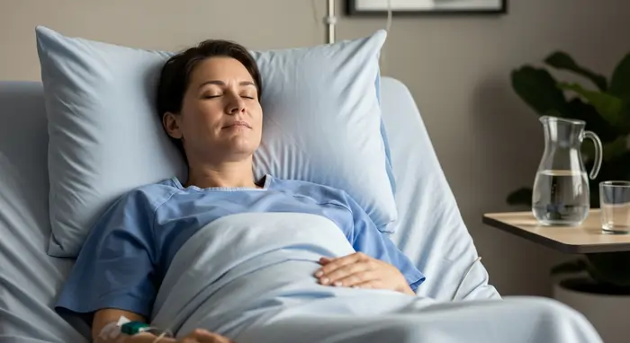 Paziente adulto a riposo in sala di recupero post-operatorio dopo liposuzione, in ambiente medico sicuro e controllato. | LaserMilano