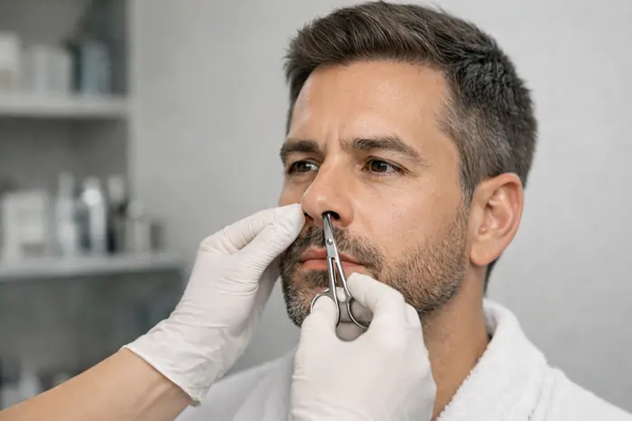 Un uomo in un centro estetico mentre gli tagliano i peli del naso con delle forbicine adatte allo scopo | Laser Milano