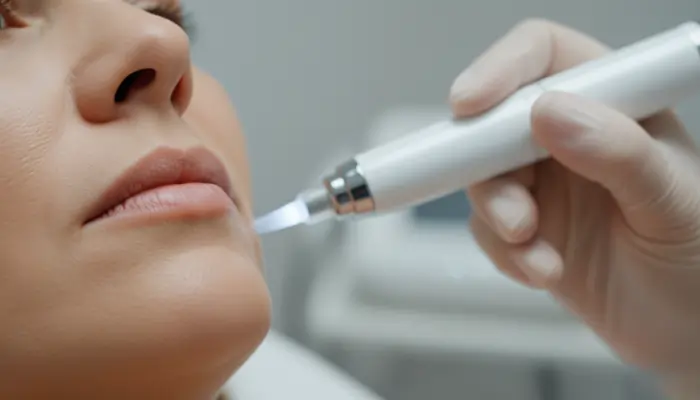 Una donna durante un trattamento di ringiovanimento viso, ovvero l'eliminazione rughe intorno alla bocca | Laser Milano