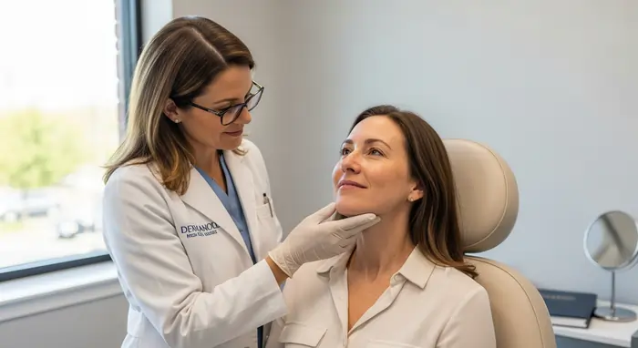 Valutazione dermatologica della pelle del viso prima di un peeling all’acido mandelico in ambiente medico luminoso | LaserMilano