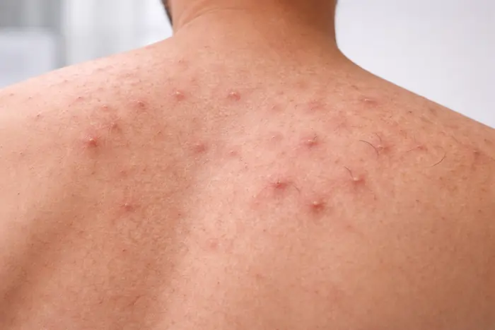 Schiena con follicolite e peli incarniti prima del trattamento di epilazione laser medicale. | Laser Milano
