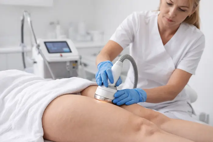 Medico estetico esegue trattamento anticellulite con tecnologia avanzata su coscia in ambiente clinico professionale. | Laser Milano