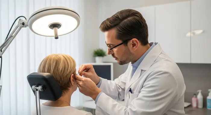 Medico che valuta l’orecchio esterno di un paziente in ambulatorio, controllo specialistico per eliminare i peli nelle orecchie. | LaserMilano