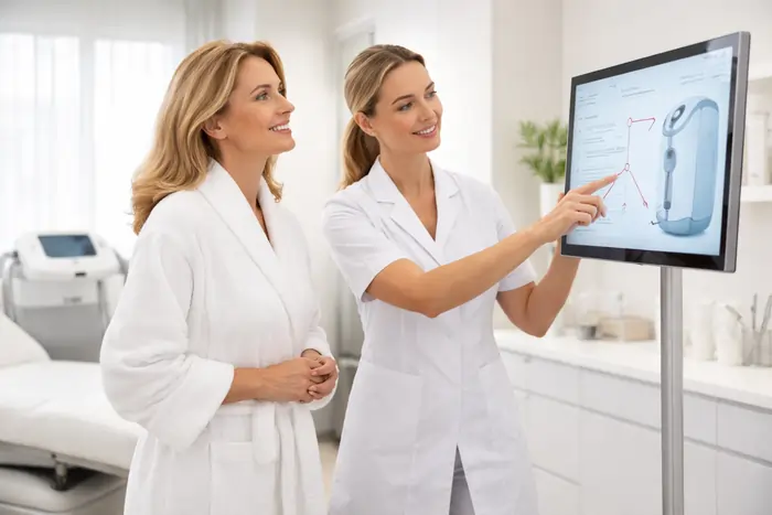 Un'operatrice di un centro medico estetico specialistico illustra il procedimento di epilazione laser ad una donna | Laser Milano