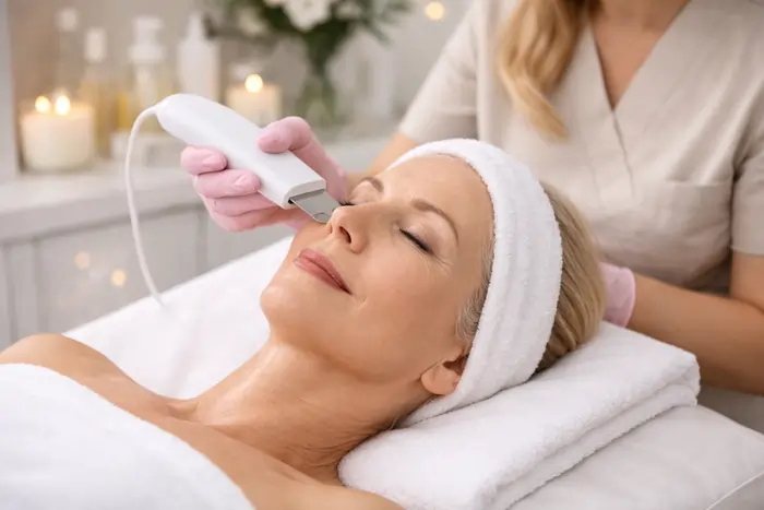 Una donna matura durante una seduta di pulizia del viso mediante l'uso di ultrasuoni in un centro medico estetico professionale | Laser Milano