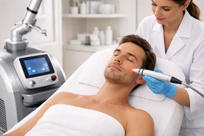 Un uomo durante una seduta laser per il ringiovanimento del viso | Laser Milano