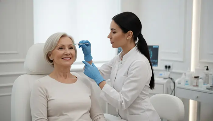 Una donna adulta durante un trattamento col botox per il ringiovanimento del viso | Laser Milano