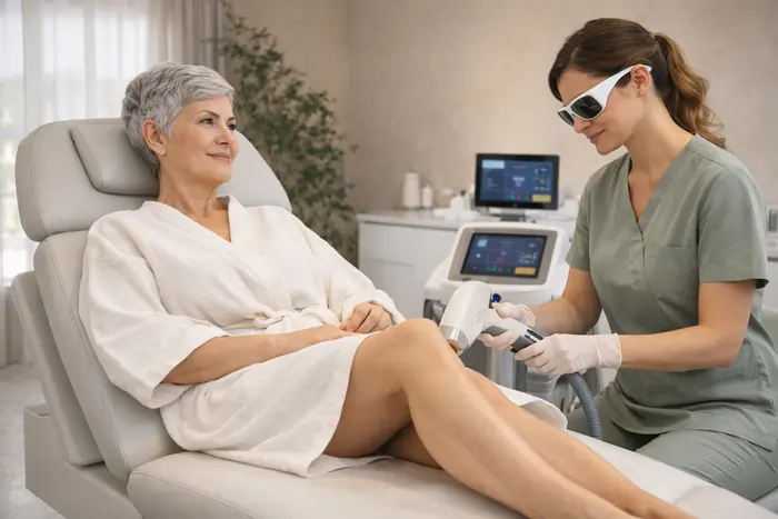 Una donna matura durante una seduta di epilazione laser definitiva in un centro medico estetico moderno | Laser Milano