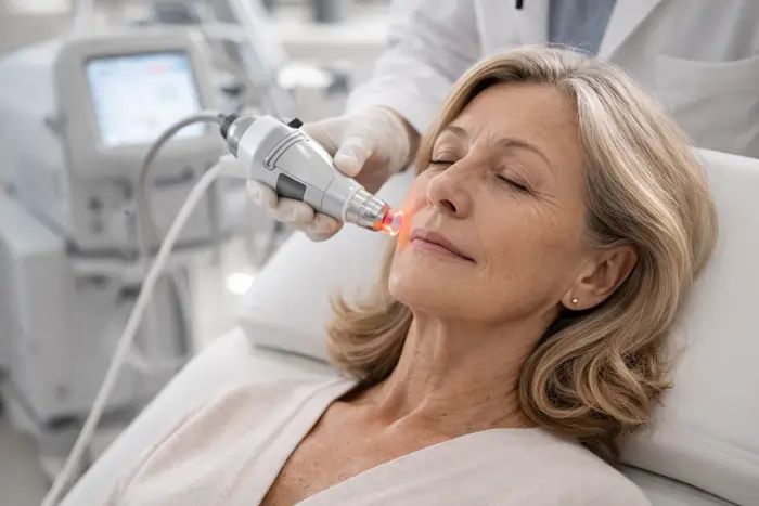 Una donna adulta durante un trattamento laser anti-rughe | Laser Milano